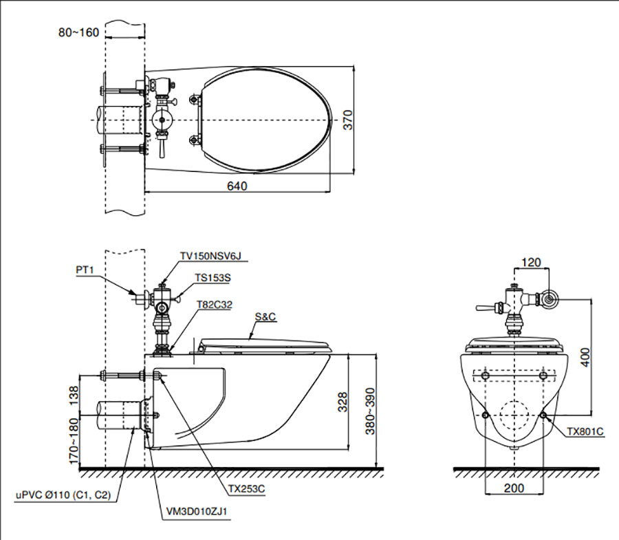 Bản vẽ thông số cấu tạo bồn cầu treo tường mã CW550 