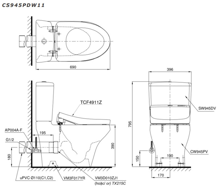 Mẫu vẽ bàn cầu 2 khối CS945PDW11