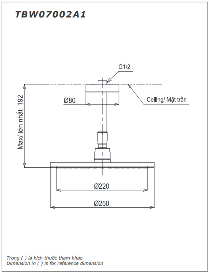 Bản vẽ kỹ thuật của bát sen tròn gắn trần TBW07002A1