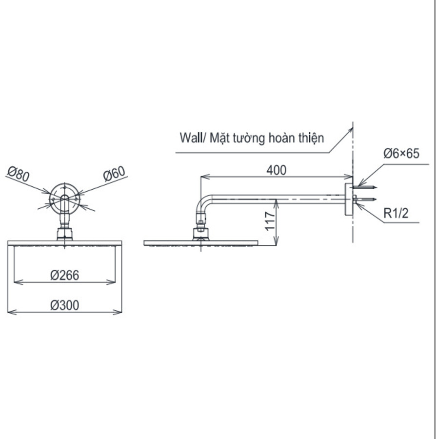 Bản vẽ kỹ thuật của bát sen tròn gắn tường TBW07003A