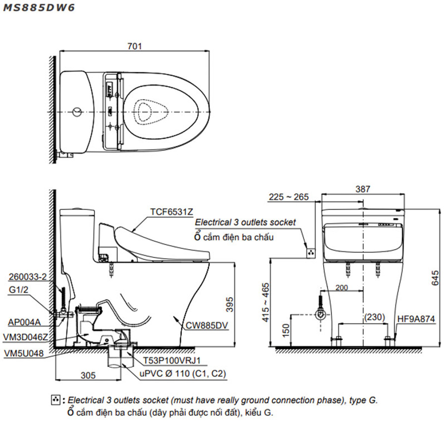 Bàn cầu 1 khối MS885DW6XW