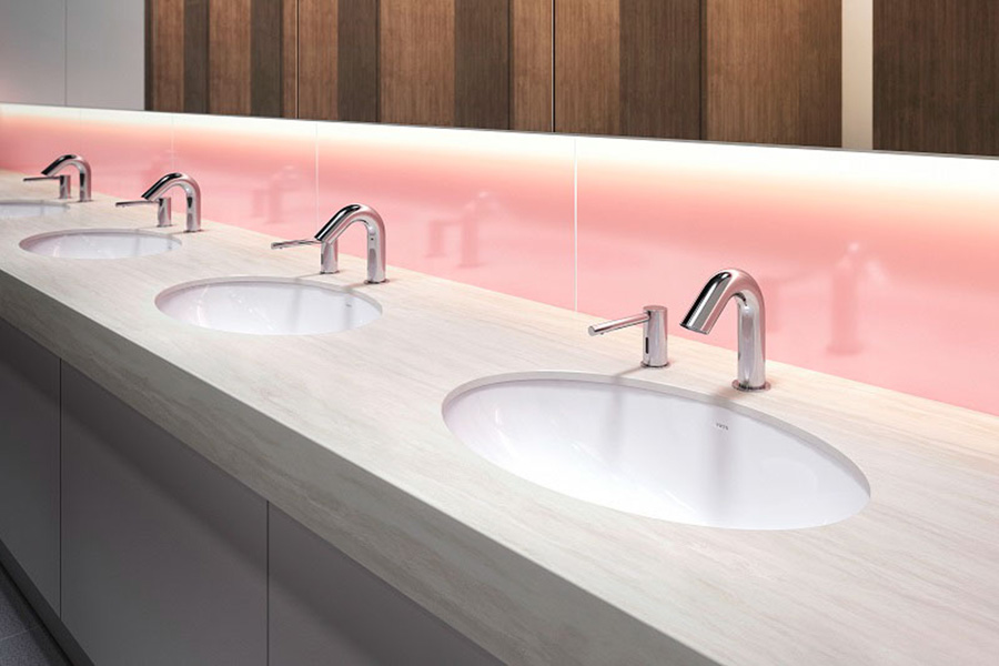 lavabo bàn đá với ánh đèn led hồng